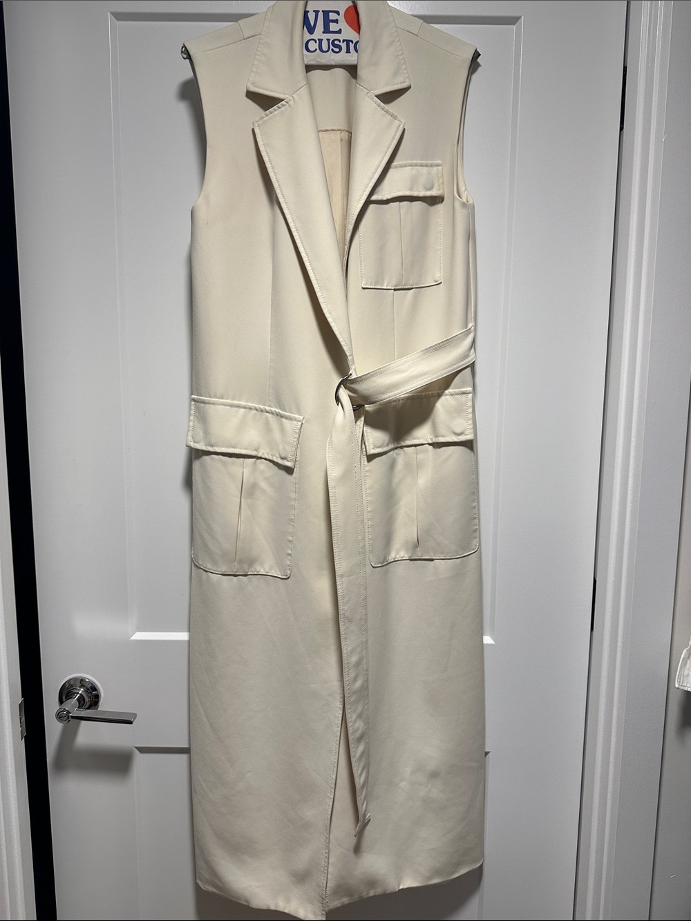 Sleeveless Long Tie-Belt Vest in Cream